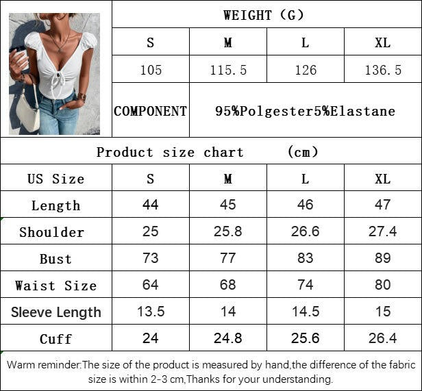 Women's Deep V Neck Puff Short Sleeve Tie Front Crop Top Slim Fitted Summer T-Shirts
