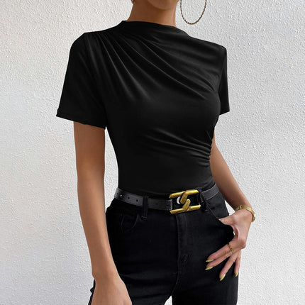 Women's Casual Tops Short Sleeve Slim Fit High Neck Slim Fit T Shirts