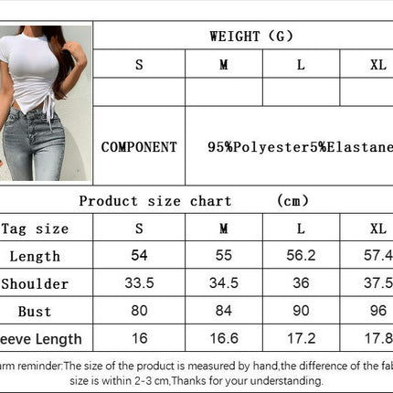 Women's Round Neck Drawstring Ruched Short Sleeve Crop Tops Asymmetrical Hem Shirt