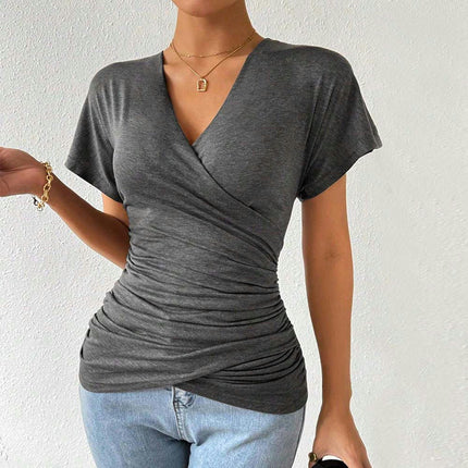 Women's Summer V Neck Short Sleeve T Shirts Fitted Ruched Going Out Tops