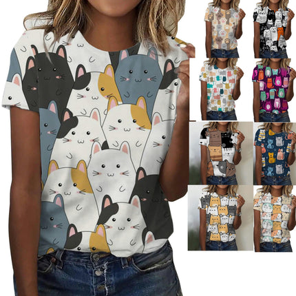 Womens Casual Crew Neck Short Sleeve Tops Fashion Print Blouses 2