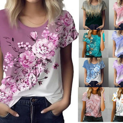 Womens Loose Tops Crew Neck Graphic Print T Shirt Short Sleeve Tunic Blouses 1