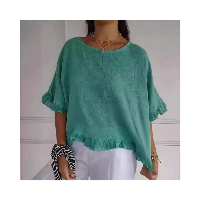 Womens Cotton Linen T Shirts Loose Fit Summer Short Sleeve Round Neck Ruffled Tops