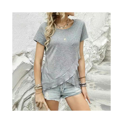 Women's Short Sleeve Round Neck Top Summer Loose Ruffled Asymmetrical Hem T Shirt