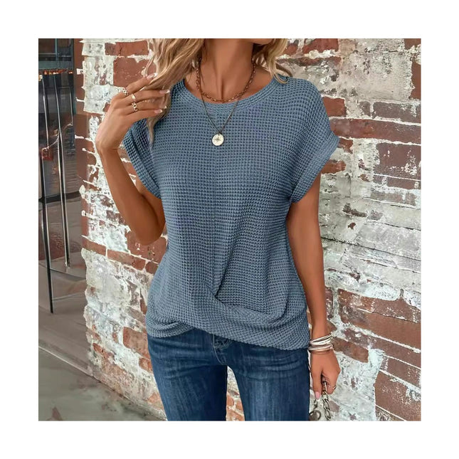 Women's Summer Round Neck Short Sleeve Top Loose Twist Front T Shirt