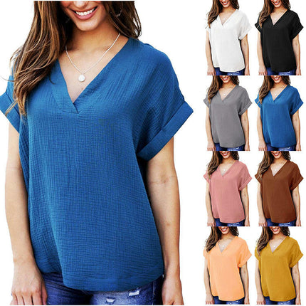 Women's V Neck T Shirts Casual Rolled Short Sleeve Summer Loose Fit Tops
