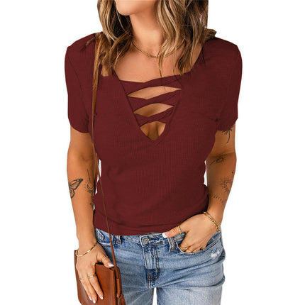 Women's Sexy Cut Out V Neck T Shirts Short Sleeve Summer Slim Fit Tops