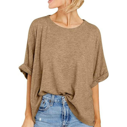Women's Summer Crewneck Short Sleeve T-Shirts Solid Color Loose Fit Basic Tops Blouses