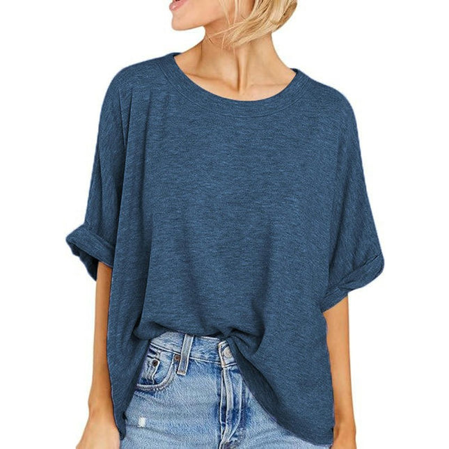 Women's Summer Crewneck Short Sleeve T-Shirts Solid Color Loose Fit Basic Tops Blouses