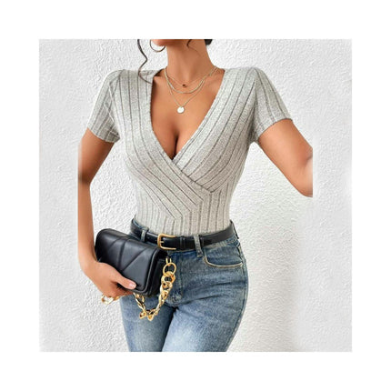 Women's Summer Deep V Neck Short Sleeve T-Shirts Knit Slim Fitted Casual Basic Top