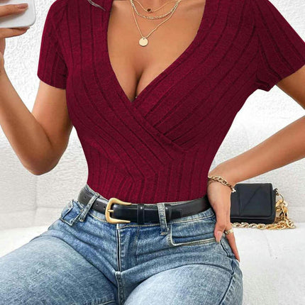 Women's Summer Deep V Neck Short Sleeve T-Shirts Knit Slim Fitted Casual Basic Top