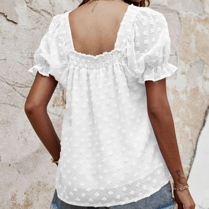 Womens Chiffon Puff Short Sleeve Ruched Square Neck Loose Fit Shirts Tops