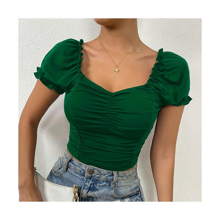 Women's Puff Short Sleeve Square Neck Cropped T Shirts Slim Fit Ruched Crop Tops