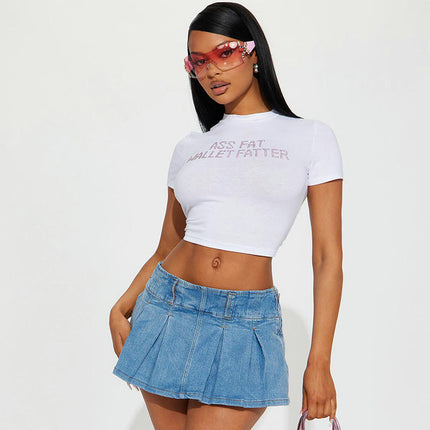 Women's Letter Print Crop Top Casual Summer Slim Short Sleeve T-Shirt