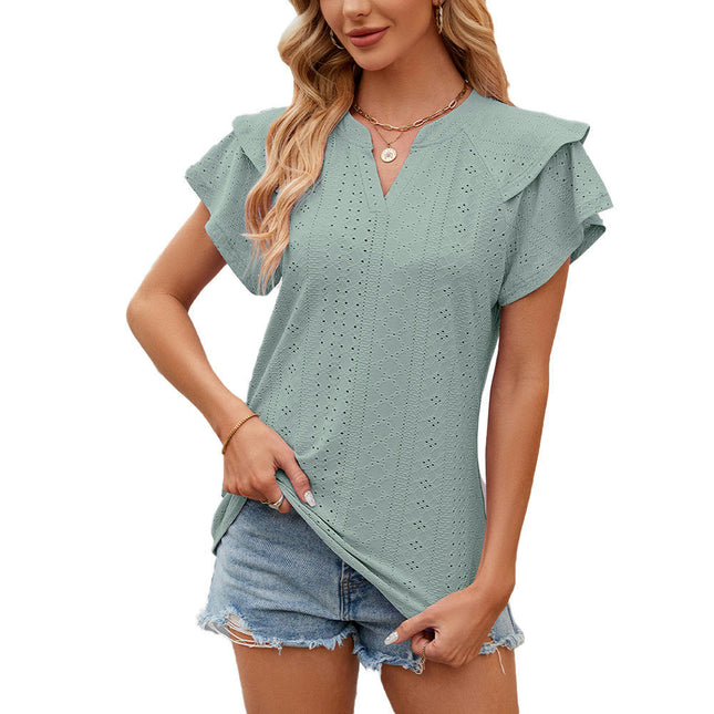 Women's Summer Eyelet Tops Ruffle Short Sleeve V Neck Casual T Shirts Blouses