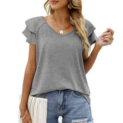 Womens Blouse V Neck Ruffle Short Sleeve Shirts Casual Summer Tops