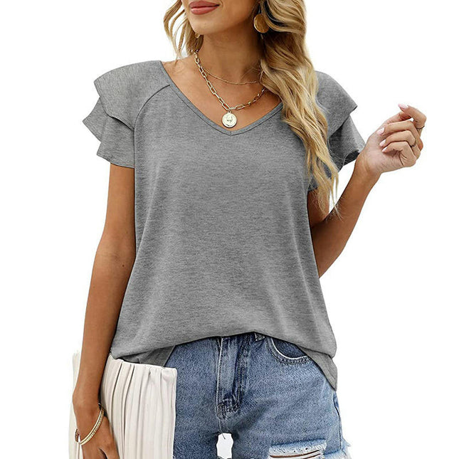 Womens Blouse V Neck Ruffle Short Sleeve Shirts Casual Summer Tops