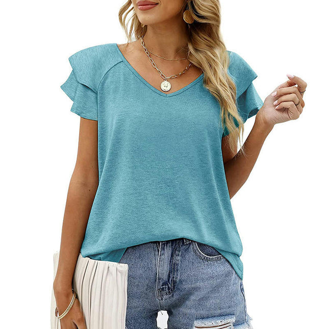 Womens Blouse V Neck Ruffle Short Sleeve Shirts Casual Summer Tops