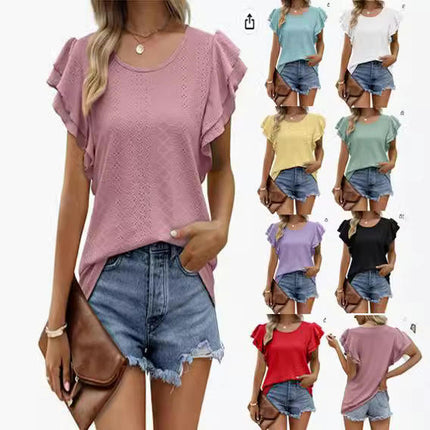 Womens Summer Tops Crewneck Eyelet Ruffle Short Sleeve Casual Blouses