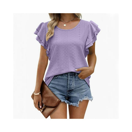 Womens Summer Tops Crewneck Eyelet Ruffle Short Sleeve Casual Blouses