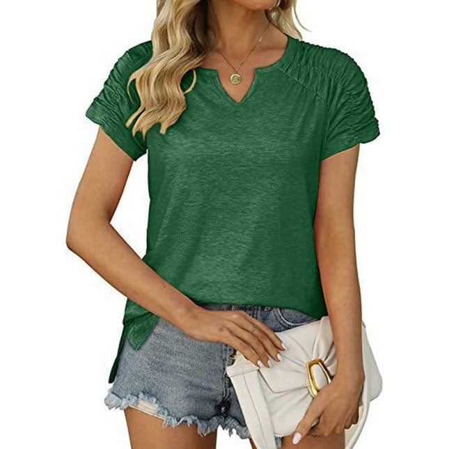 Womens Summer V Neck Tops Ruched Short Sleeve T Shirts Casual Tee