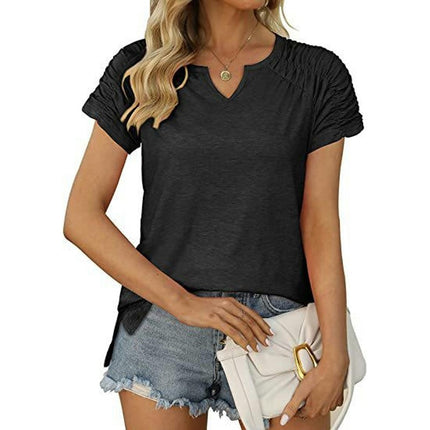 Womens Summer V Neck Tops Ruched Short Sleeve T Shirts Casual Tee