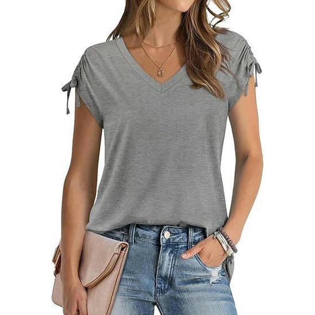 Womens Casual V Neck T Shirt Drawstring Short Sleeve Tops Summer Shirts