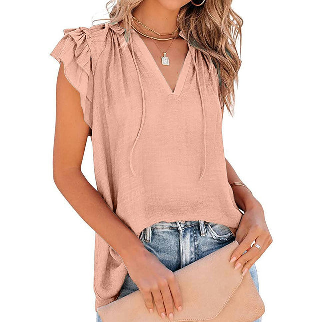 Women's Casual V Neck Tops Ruffled Short Sleeve T Shirt Summer Blouses
