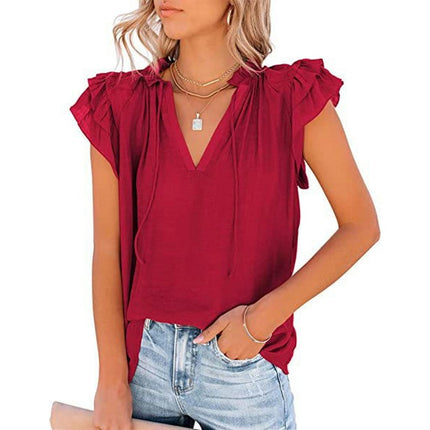 Women's Casual V Neck Tops Ruffled Short Sleeve T Shirt Summer Blouses