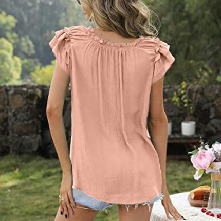 Women's Casual V Neck Tops Ruffled Short Sleeve T Shirt Summer Blouses