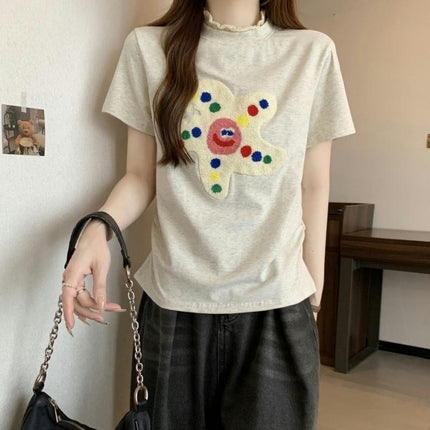 Women's Lace Trim High Neck T Shirts Summer Patchwork Slim Fit Short Sleeve Tops