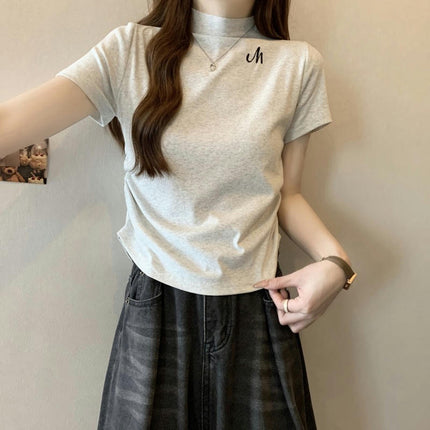 Women's Summer Ruched T Shirt Short Sleeve High Neck Slim Fit Tees Crop Top