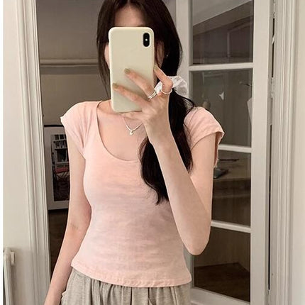 Women's Crop Tops Casual Short Sleeve Scoop Neck T Shirts Slim Fit Cropped Shirt
