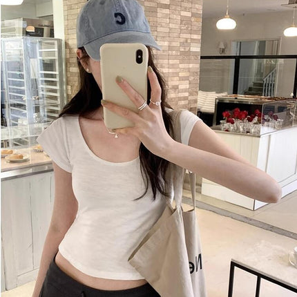 Women's Crop Tops Casual Short Sleeve Scoop Neck T Shirts Slim Fit Cropped Shirt