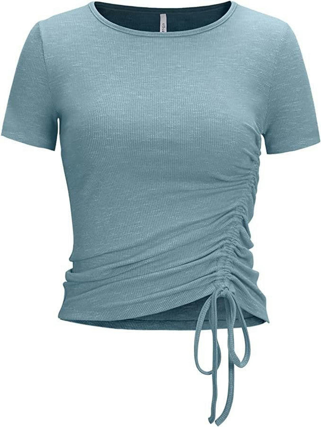 Womens Summer Short Sleeve Crop Tops Drawstring Crewneck Slim Fit T Shirts