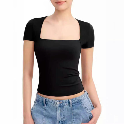 Women's Square Neck Short Sleeve T Shirts Summer Basic Tee Slim Fit Crop Tops