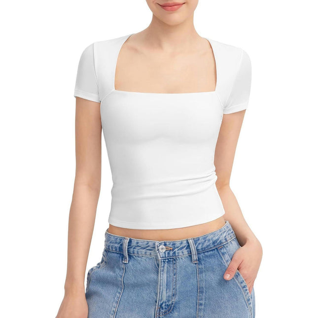 Women's Square Neck Short Sleeve T Shirts Summer Basic Tee Slim Fit Crop Tops