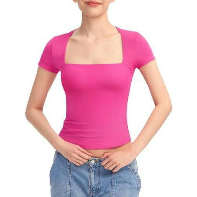 Women's Square Neck Short Sleeve T Shirts Summer Basic Tee Slim Fit Crop Tops