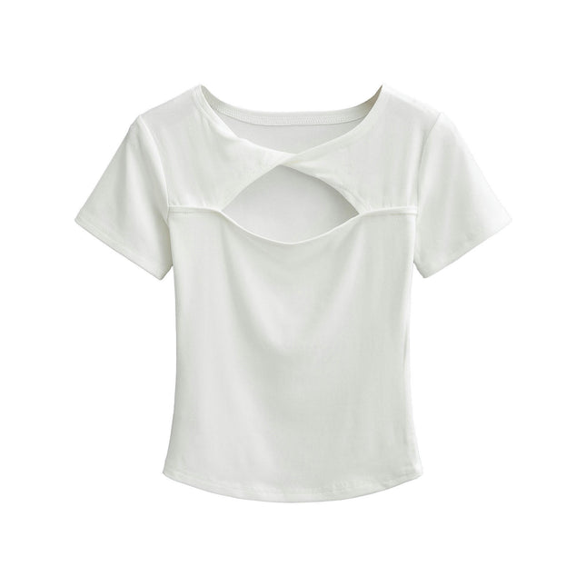Women's Twist Front Crew Neck Cut Out Tops Short Sleeve Slim Fit T Shirts