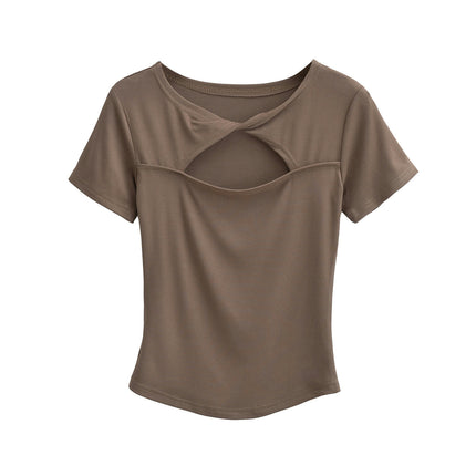 Women's Twist Front Crew Neck Cut Out Tops Short Sleeve Slim Fit T Shirts