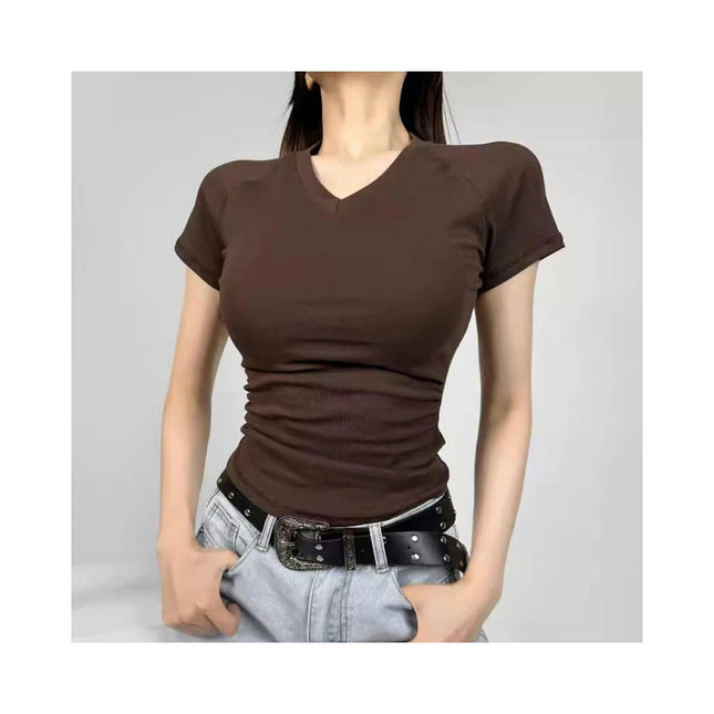 Women's Fitted Basic Short Sleeve Shirt Casual Ruched Crop Tops V Neck Tshirts