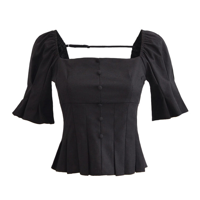 Women Square Neck T Shirt Puff Short Sleeve Ruffled Hem Slim Fit Top