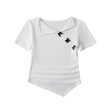 Women's Slim Fit Crop Top Asymmetrical Hem Short Sleeve Casual T Shirt