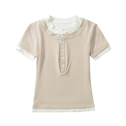 Women's Casual Color Block Crop Tops Slim Fit Short Sleeve Crew Neck Button T Shirts