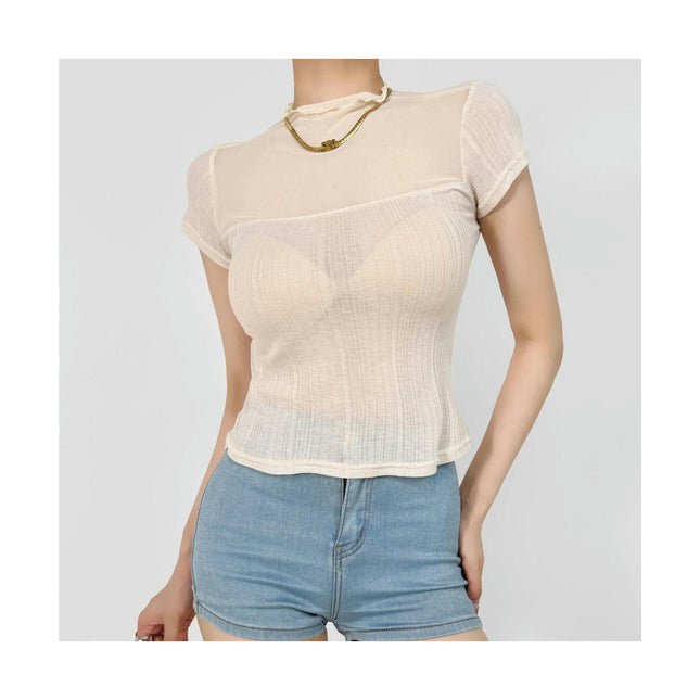 Women's Summer Mock Neck Short Sleeve Sheer Mesh Tops Slim Fit Crop T Shirts