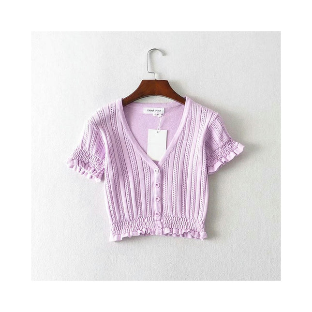 Women's Short Sleeve V Neck Ruffled T Shirts Summer Knit Slim Fitted Crop Tops