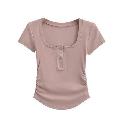 Short Sleeve Square Neck Button Crop Tops Summer Ruched Slim Fit T Shirts
