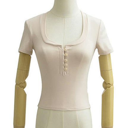 Womens Button Square Neck Short Sleeve Tee Crop Tops Fitted Summer T-Shirts