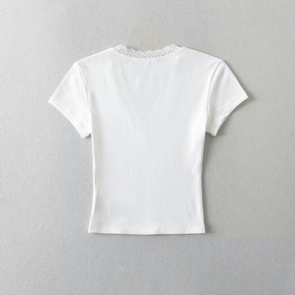 Womens Summer Short Sleeve Slim Fit T Shirt Lace Trim V Neck Crop Tops