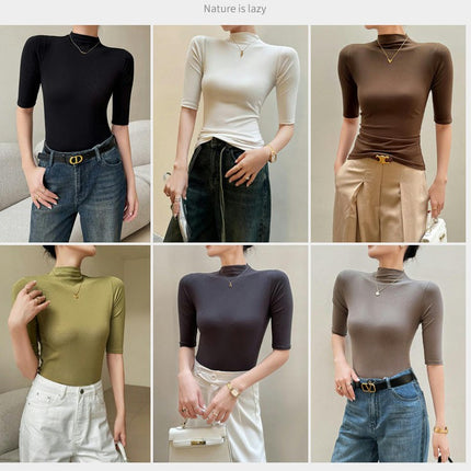 Women's Summer Half Sleeve T-shirts Mock Neck Slim Fit Casual Top